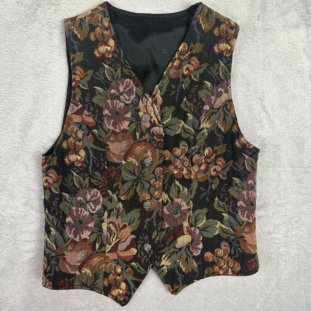 Vintage 90s Floral Tapestry Jacquard Waistcoat Vest Dark Academia Cottage - S